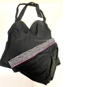 NEW 2pc Black Merona Tankini Top L; Black Profile Bikini 12 Size Swimwear #055